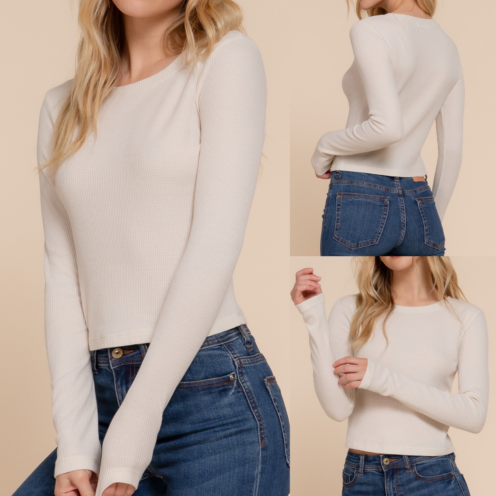 Women’s Long Sleeve Thermal Crop Top Waffle Knit Warm Layering T-Shirt Fitted
