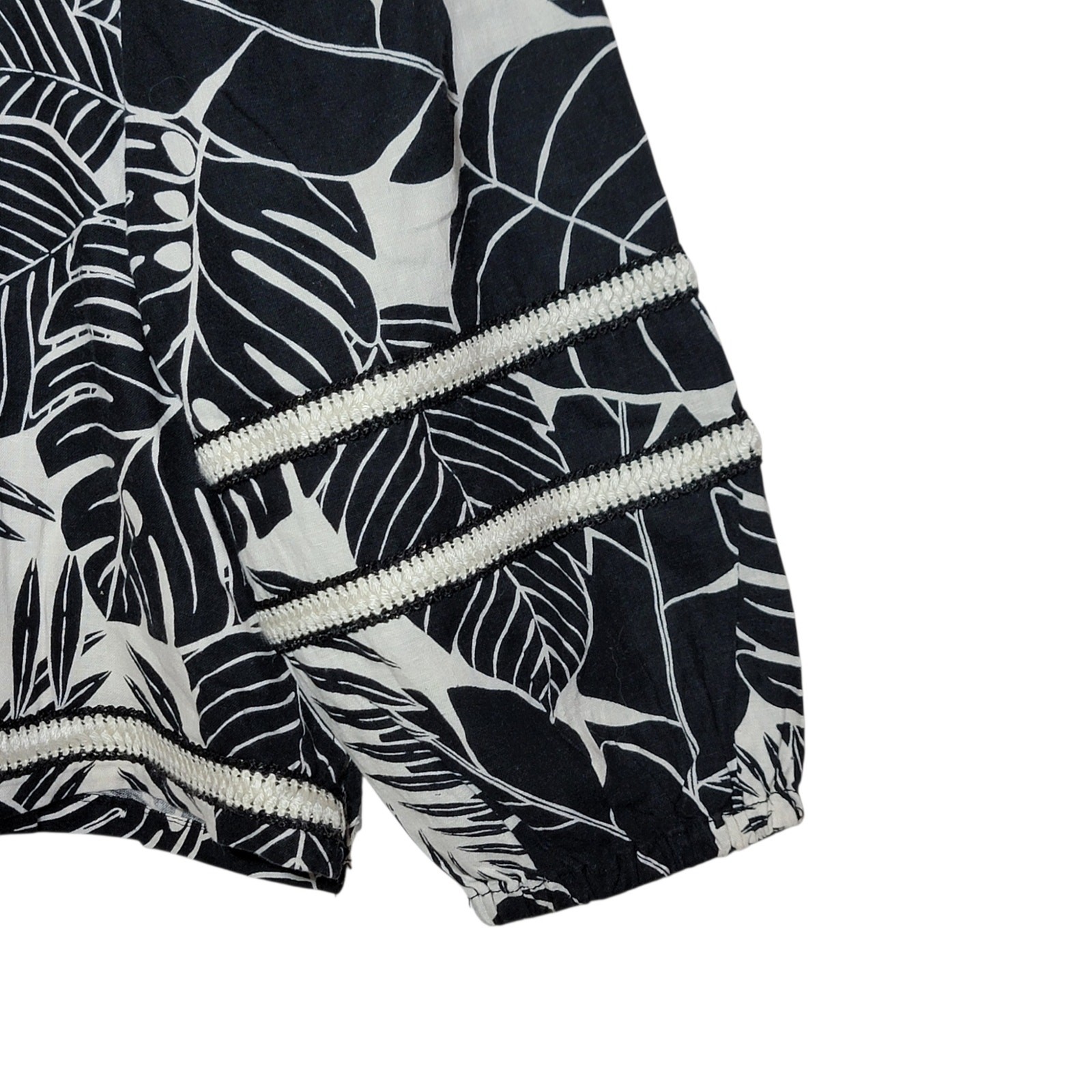 Cynthia Rowley Tropical Palm Print Black White Linen Blend 3/4 Sleeve Top S