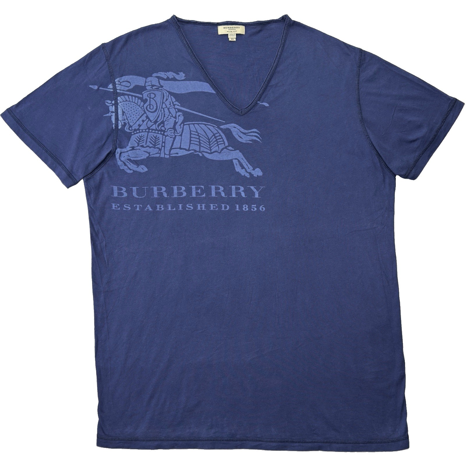 Burberry London Equestrian Knight T-shirt Women’s XL Navy Blue V-neck Slim Fit