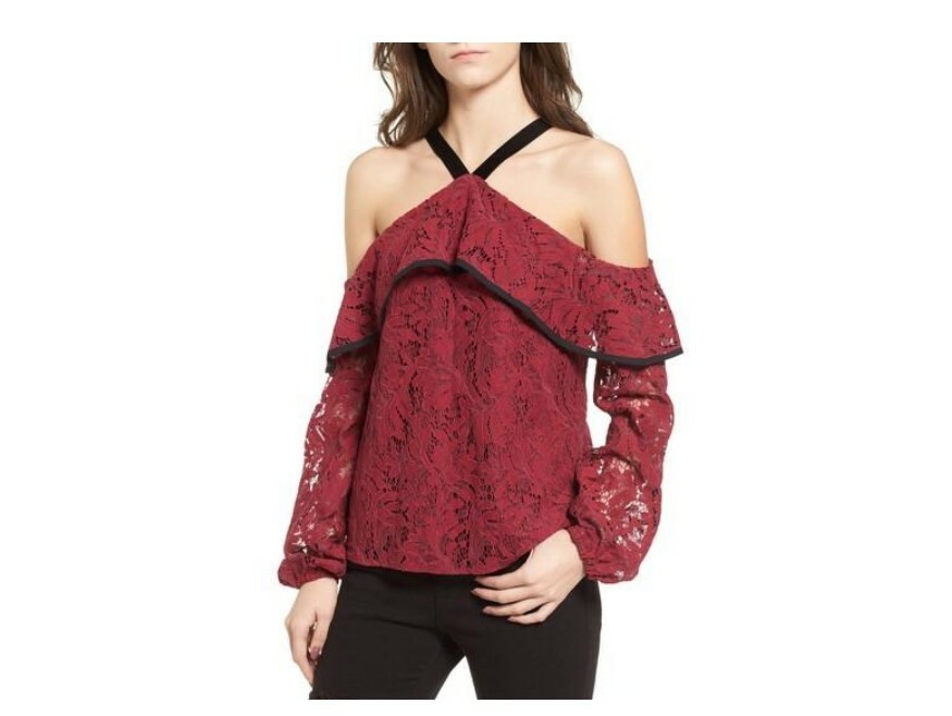 WAYF Women Helena Lace Top Blouse Burgundy Size M 3132