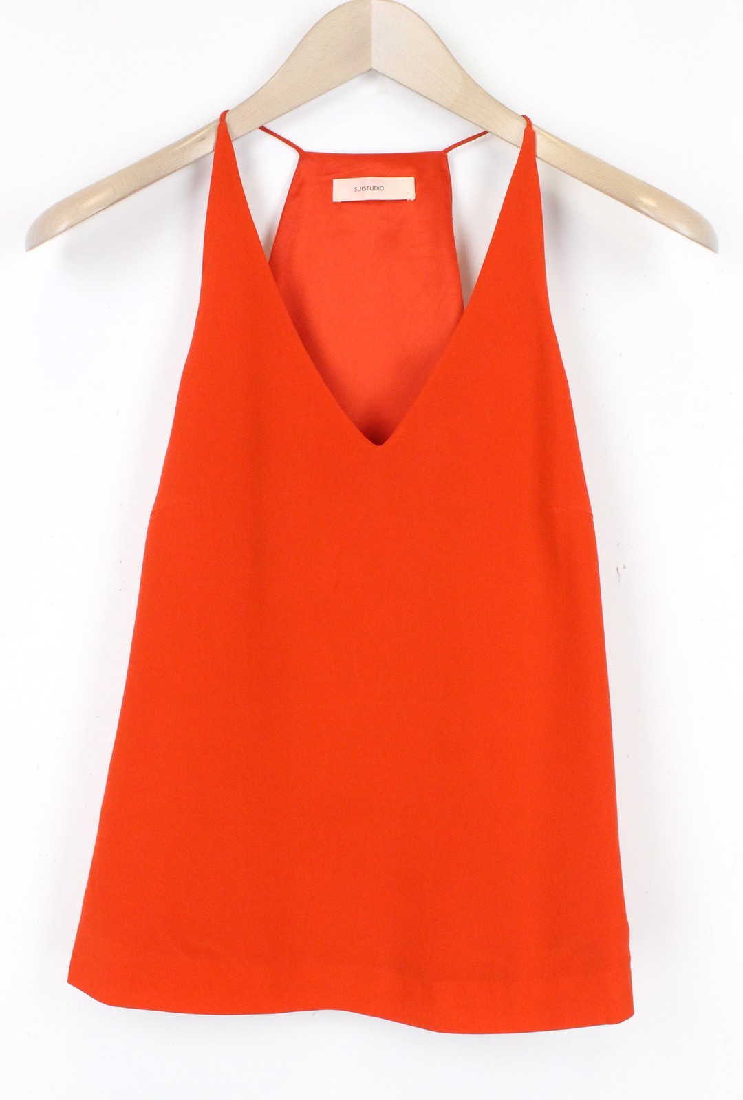 SUISTUDIO Rickie Women Top UK6 2XS Red Slim Pure Silk Softshell V-Neck Tank *