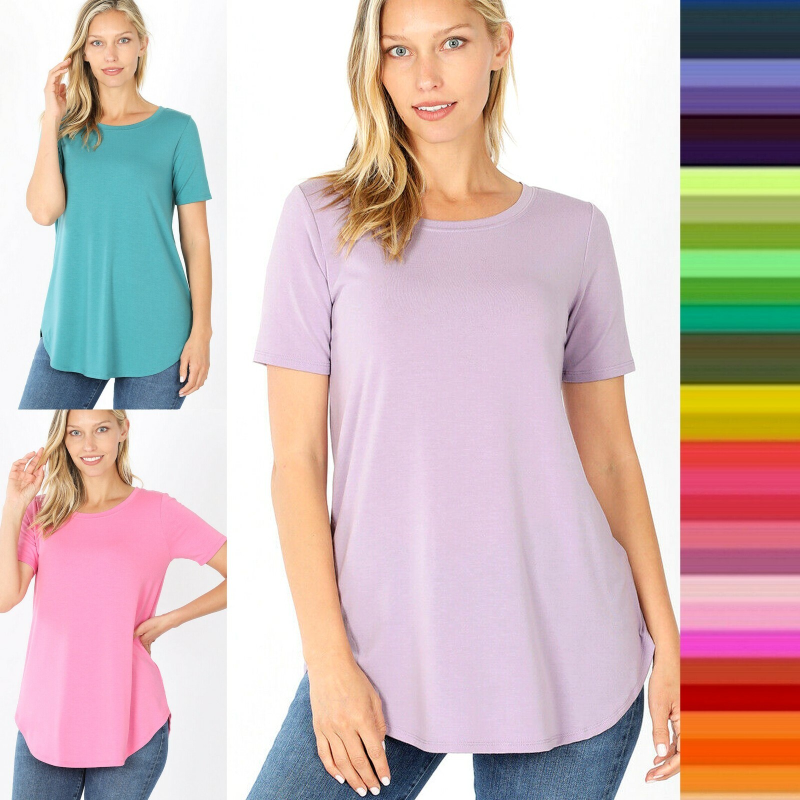 Women’s Round Neck Short Sleeve Dolphin Round Hem Soft Stretch T-Shirt Top 2101P