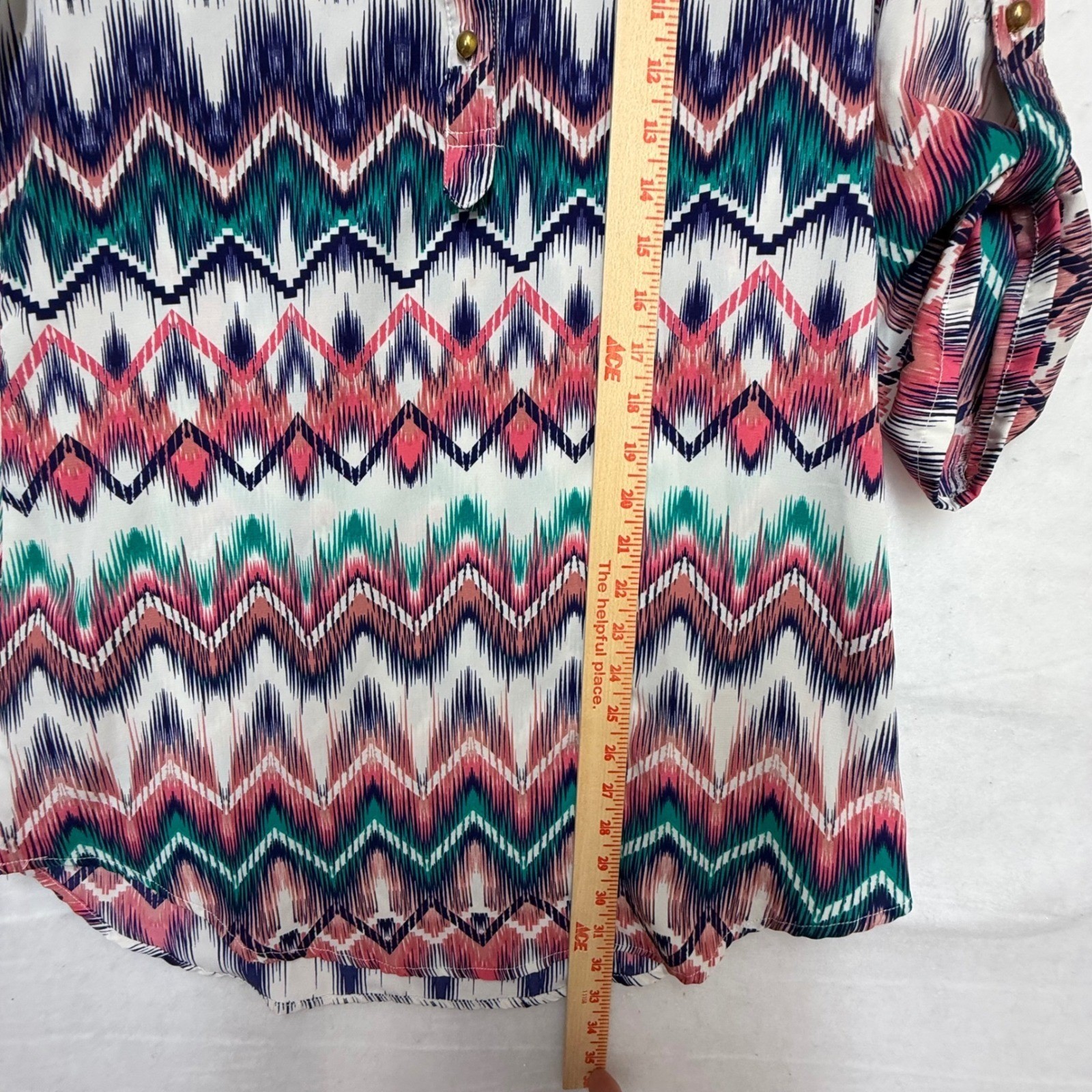 Rue21 Womens Ikat Chevron Print Tunic Blouse Pink Teal 3/4 Roll Tab Sleeve L