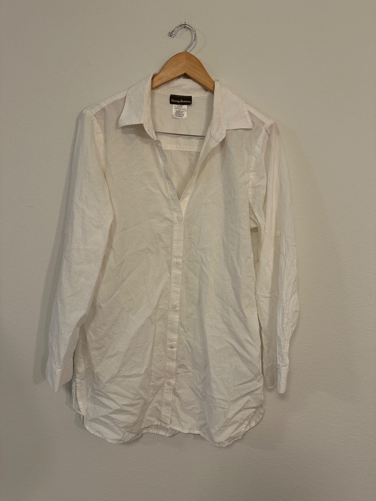 Tommy Bahama White Cotton Button Down Tunic Shirt Women’s L Roll Tab Made USA