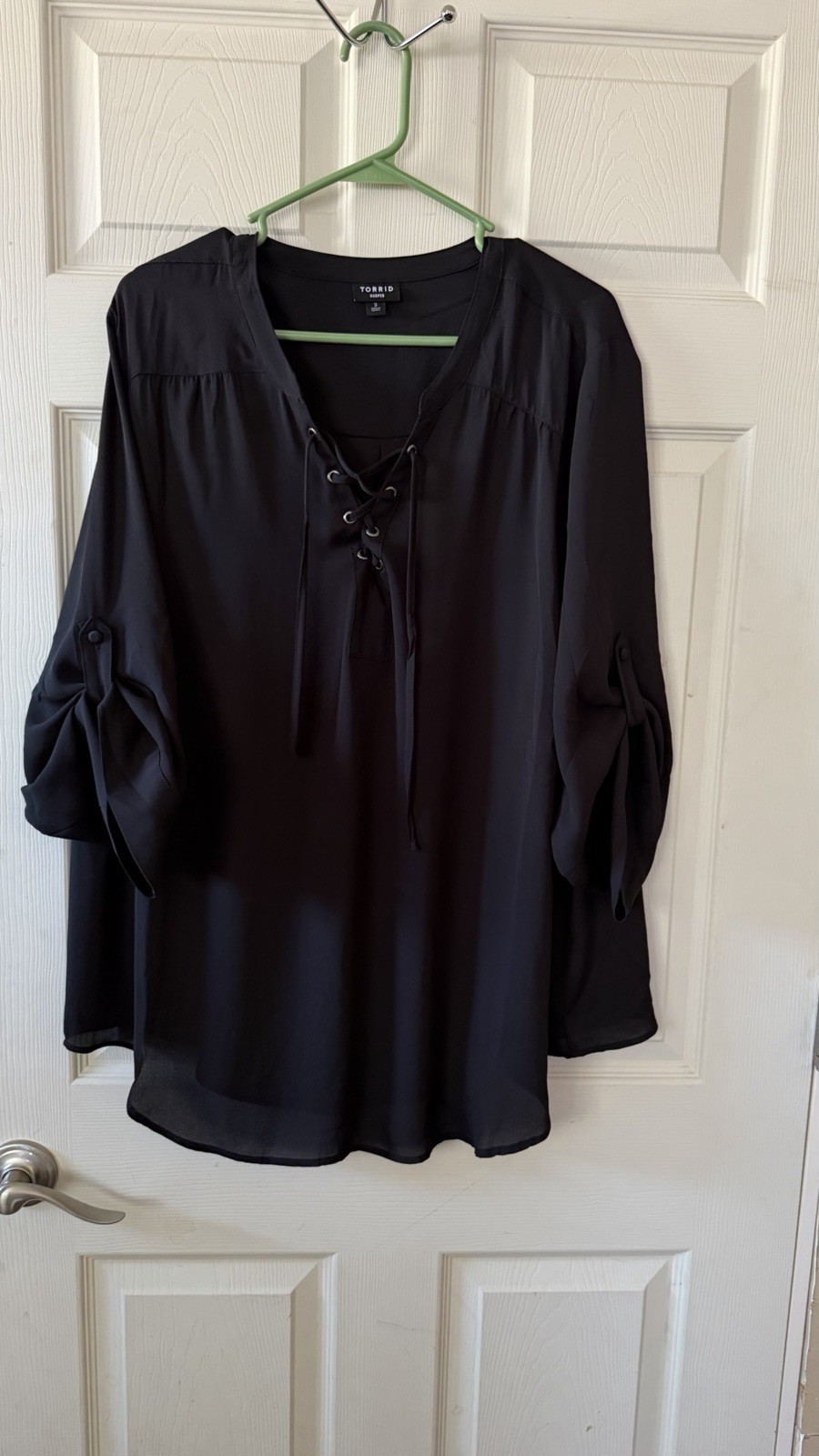 Woman Within Women’s Plus 2X Black Solid Collared 3/4 Sleeve Button Polo