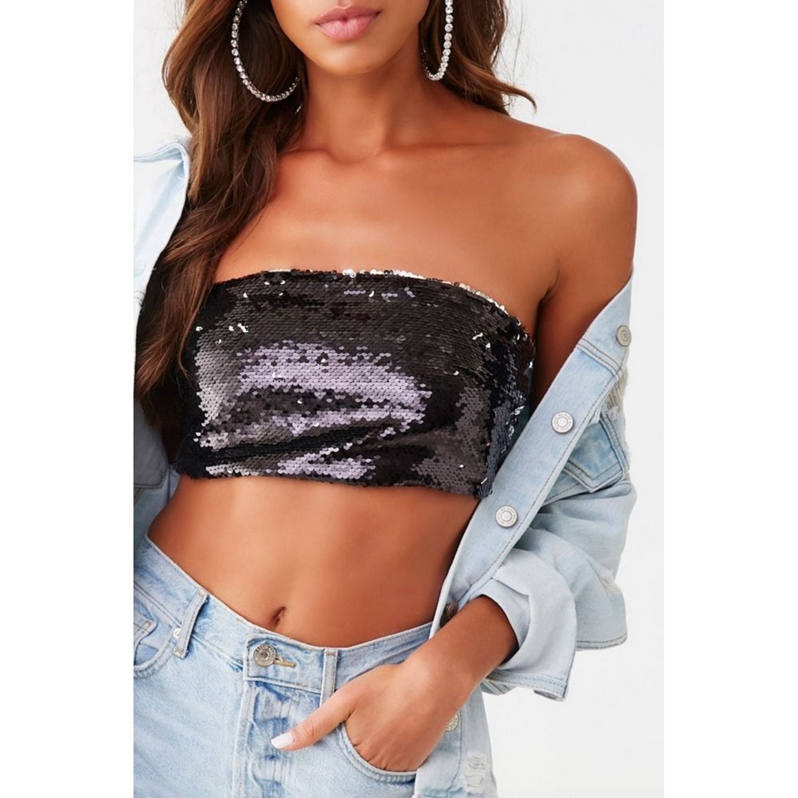 Forever 21 Glitter Bandeau Sequin Cropped Tube Top Size L Black Silver Sparkle