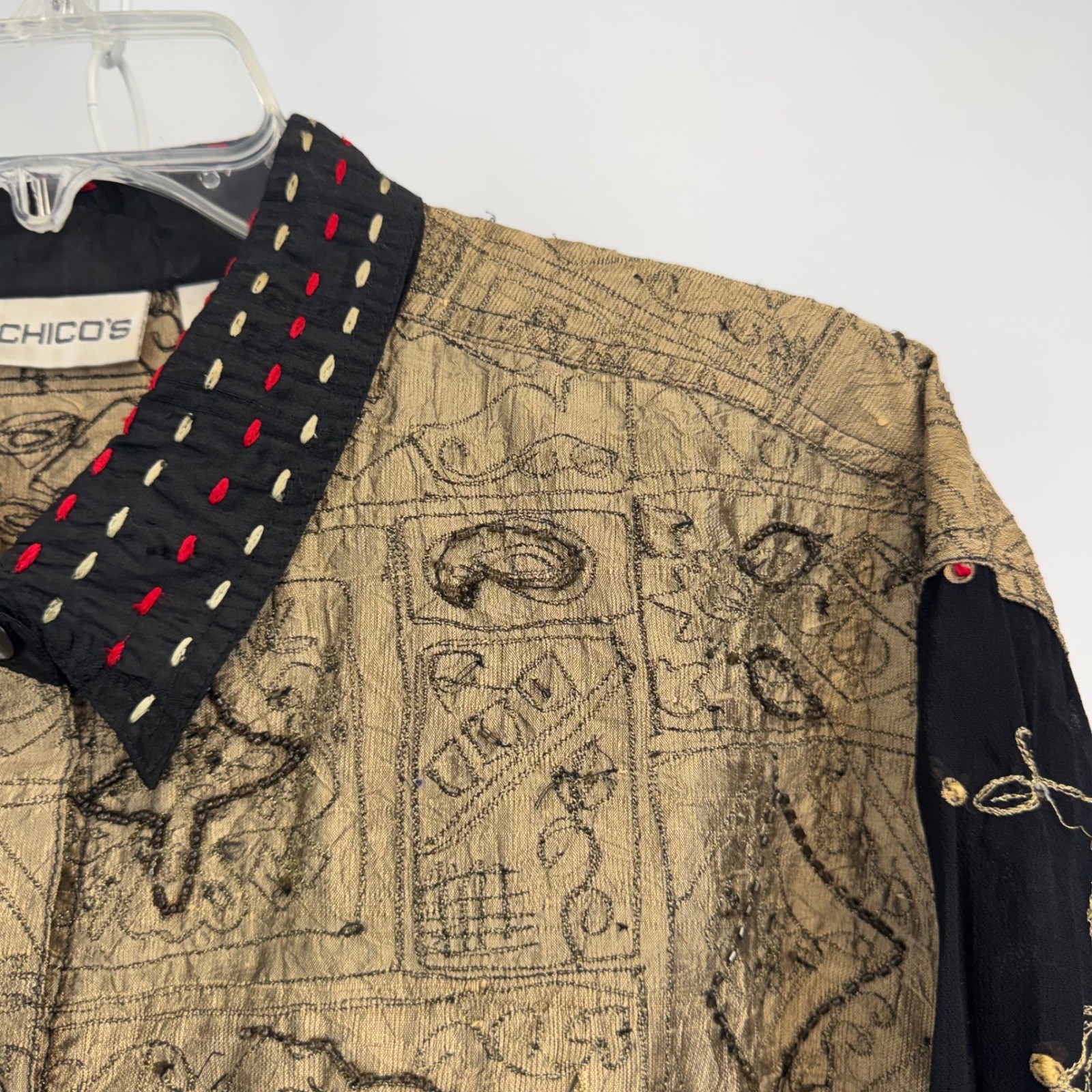 Chicos Silk Blend Patchwork Embroidered Button Front Blouse Gold Black Size 3