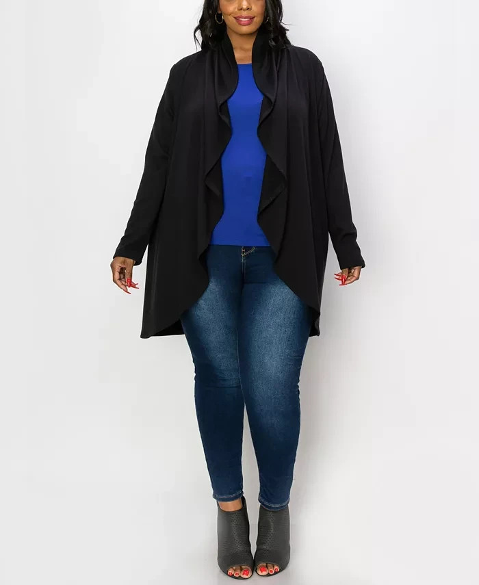 COIN 1804 COIN 1804 Plus Size Draped Flyway Cardigan Duster Knit Top Black 1X