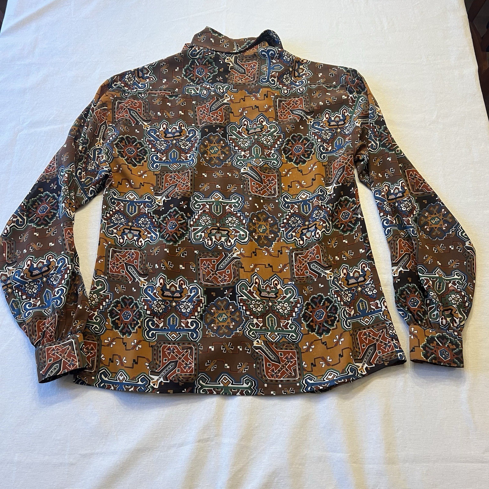 Vintage Style 70’s Sash Tie Neck Blouse Women’s Size 4 Geometric Secretary Brown