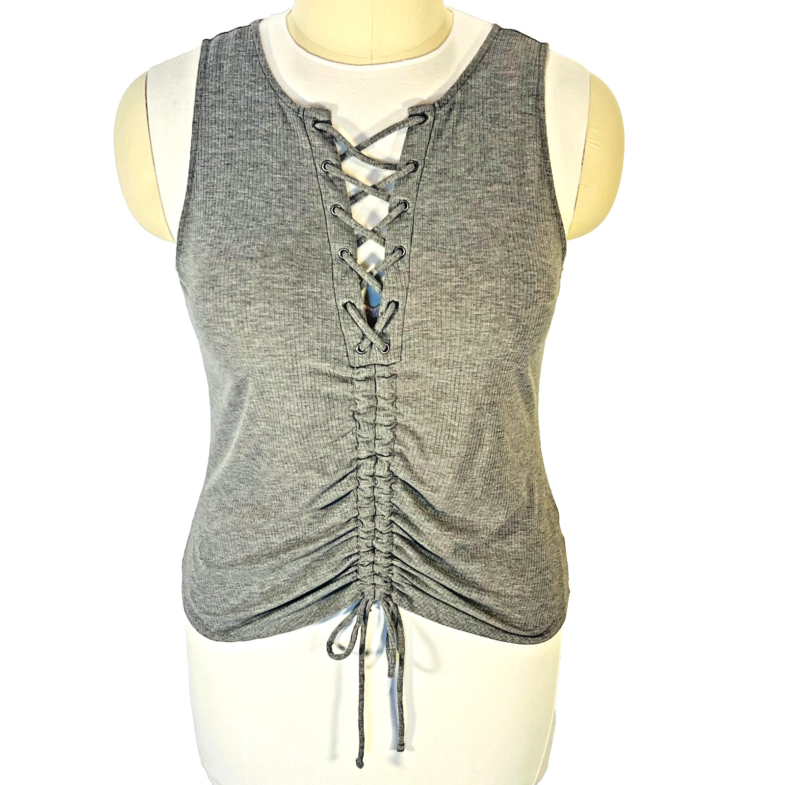 Torrid Tank Top Blouse Womens 2X (2) Gray Ribbed Lace Front Ruched Gathered Hem