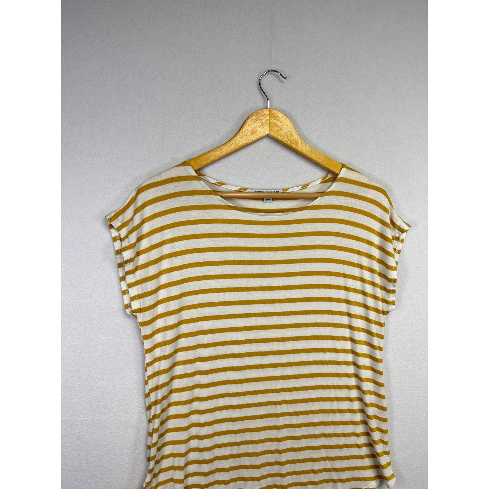 Green Envelope Womens Striped Short Sleeve T Shirt Top Mustard Yellow White M