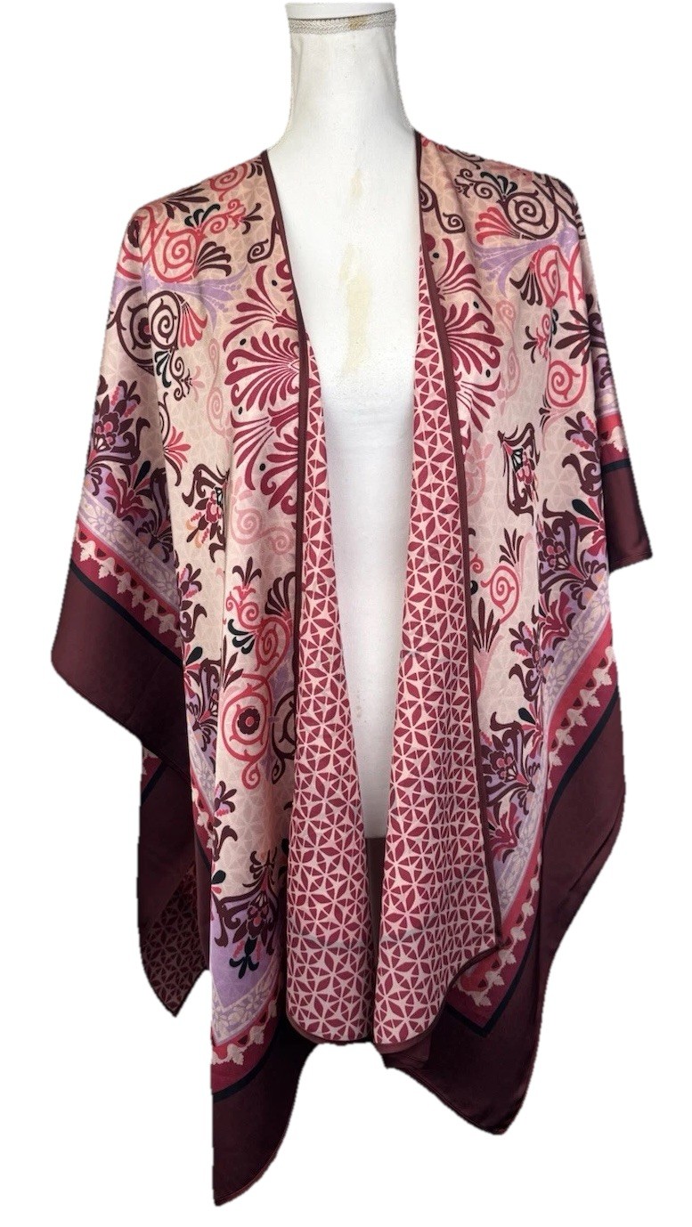 Chico’s Women’s Dark Maroon Multi Silky Reversible Mirage Ruana Topper, One Size