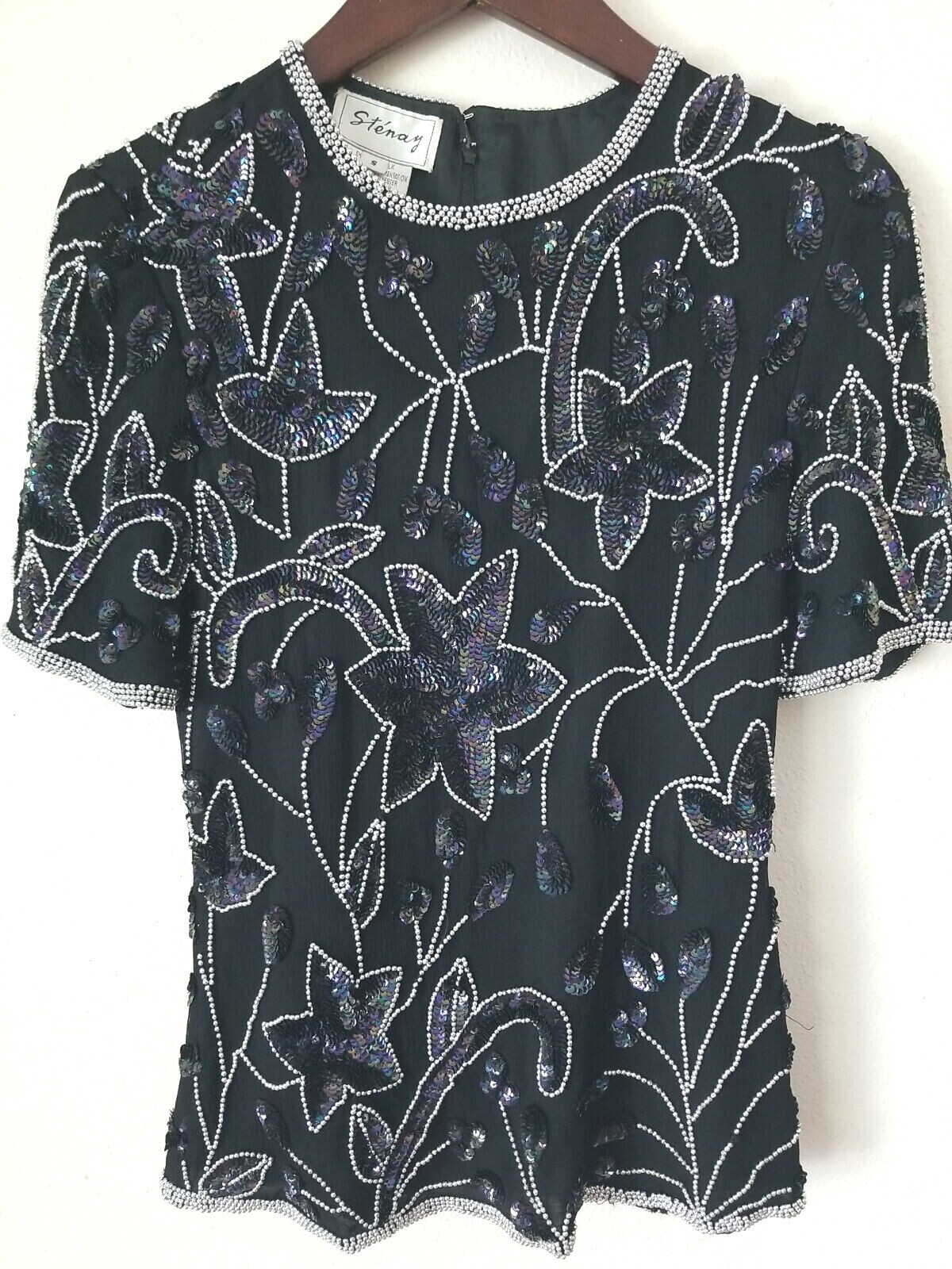 STENAY Women’s Short Sleeve Beaded w/ Sequins Black Silk Blouse Size S