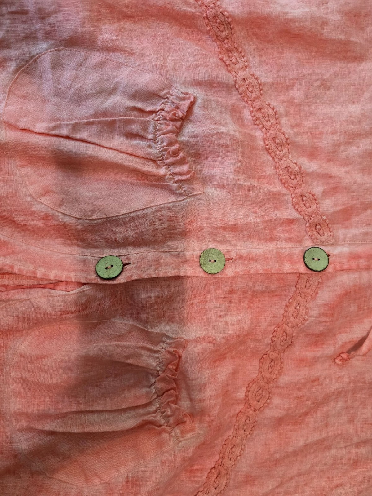 Fantazia Pink Oversized Lagenlook Ruffled Button-Front Linen Jacket With Pockets