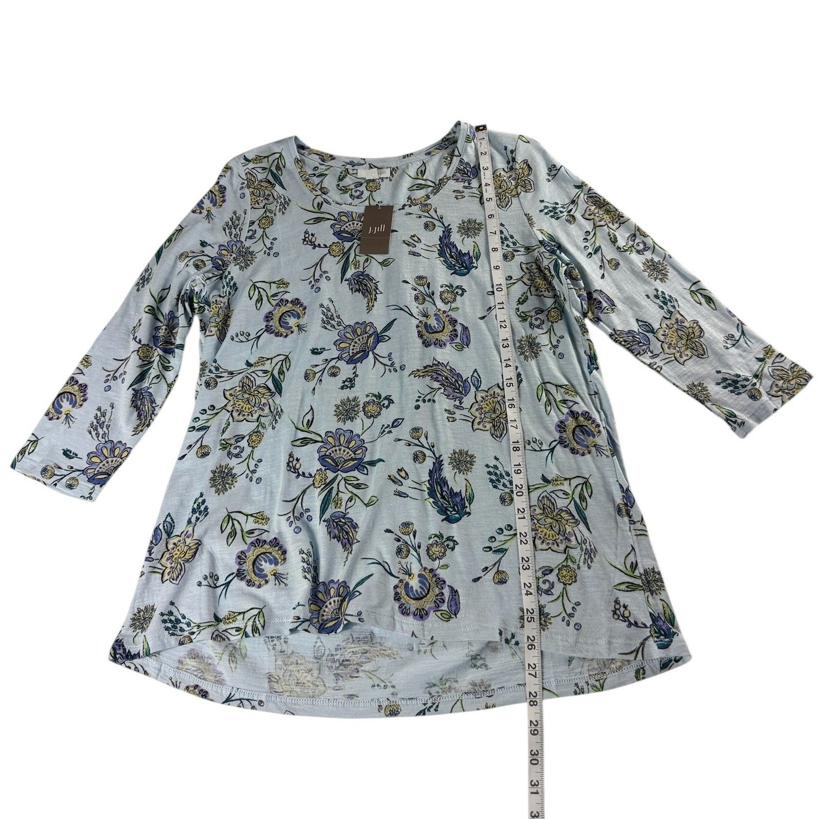 J. Jill Womens Floral 3/4 Sleeve Slub Knit Top Blue Medium 080231 NWT