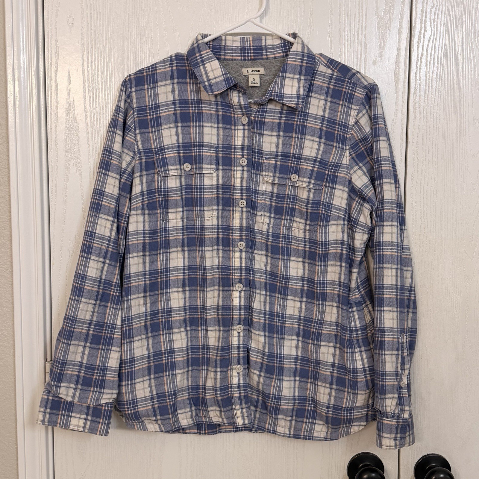 LL Bean Fleece Lined Flannel Shirt Shacket Women’s Small Blue Plaid With Pockets