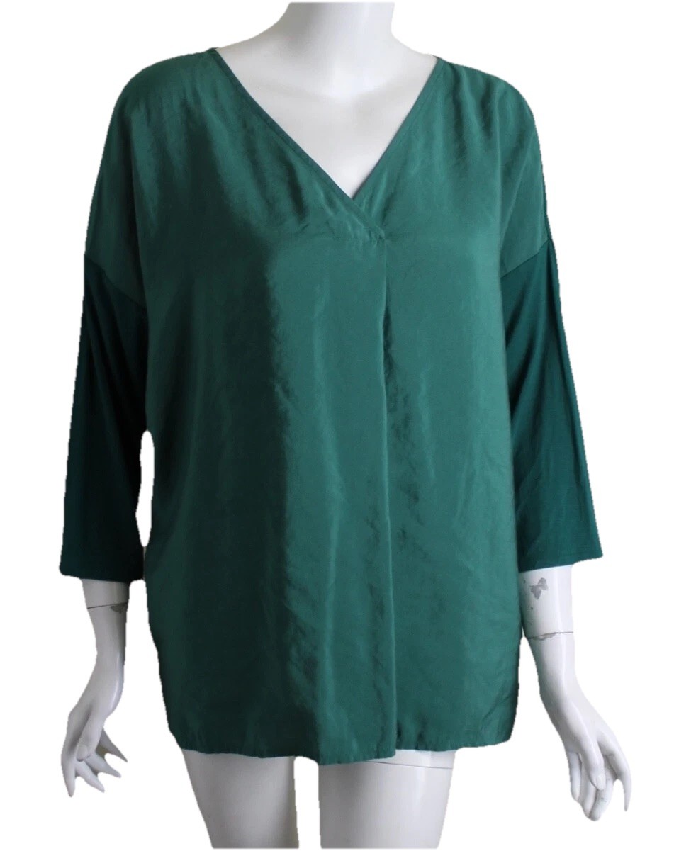 NWT J.Jill Sz L Meadow GREEN Silky Tencel & Jersey Knit Blouse Shirt Top