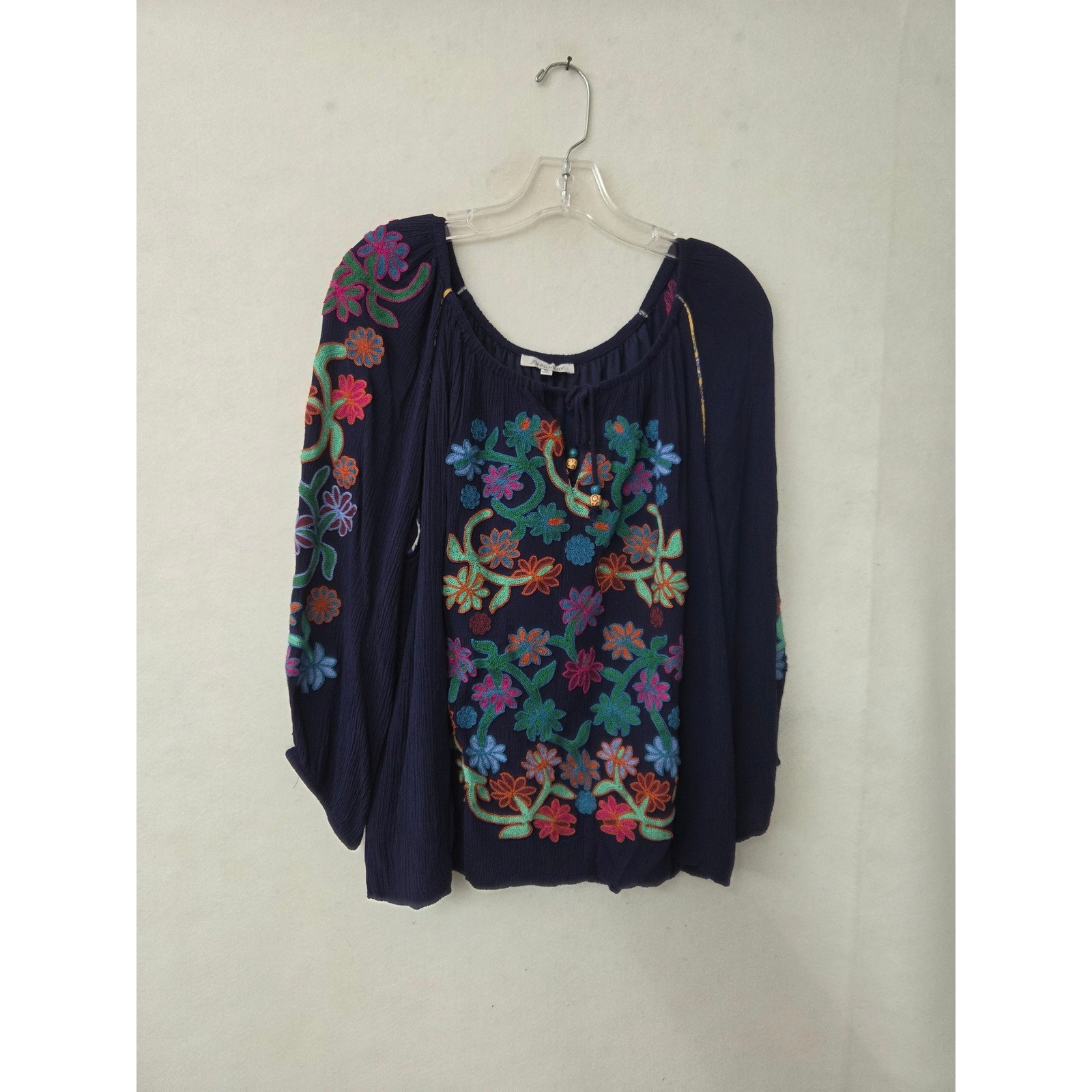 John Mark Peasant Blouse Womens XL Navy Blue Floral Embroidered Tassel Top