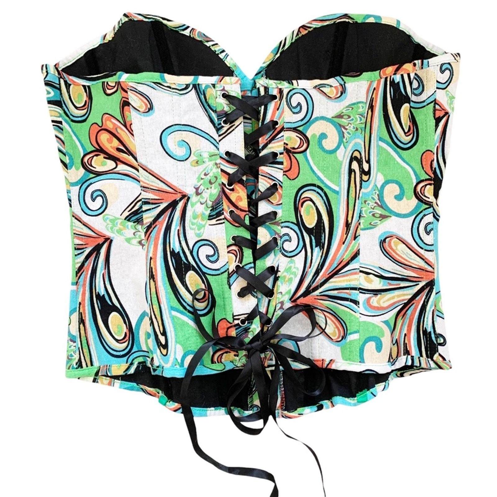 Alivila Retro Inspired Multicolor Printed Denim Lace Up Back Corset Bustier XL
