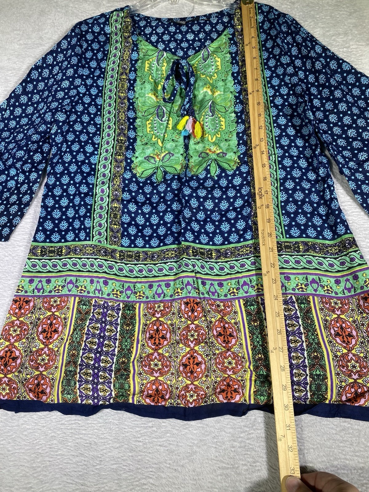 Ananda Collection Boho Tunic Top Women’s 2XL Tassels Colorful Hippie 3/4 Sleeve