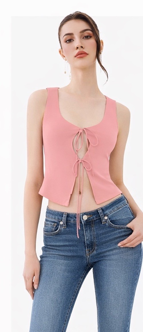 Adjustable Tie‑Front Women’s Tank Top Soft Stretch Fabric, U‑Neck Small Pink