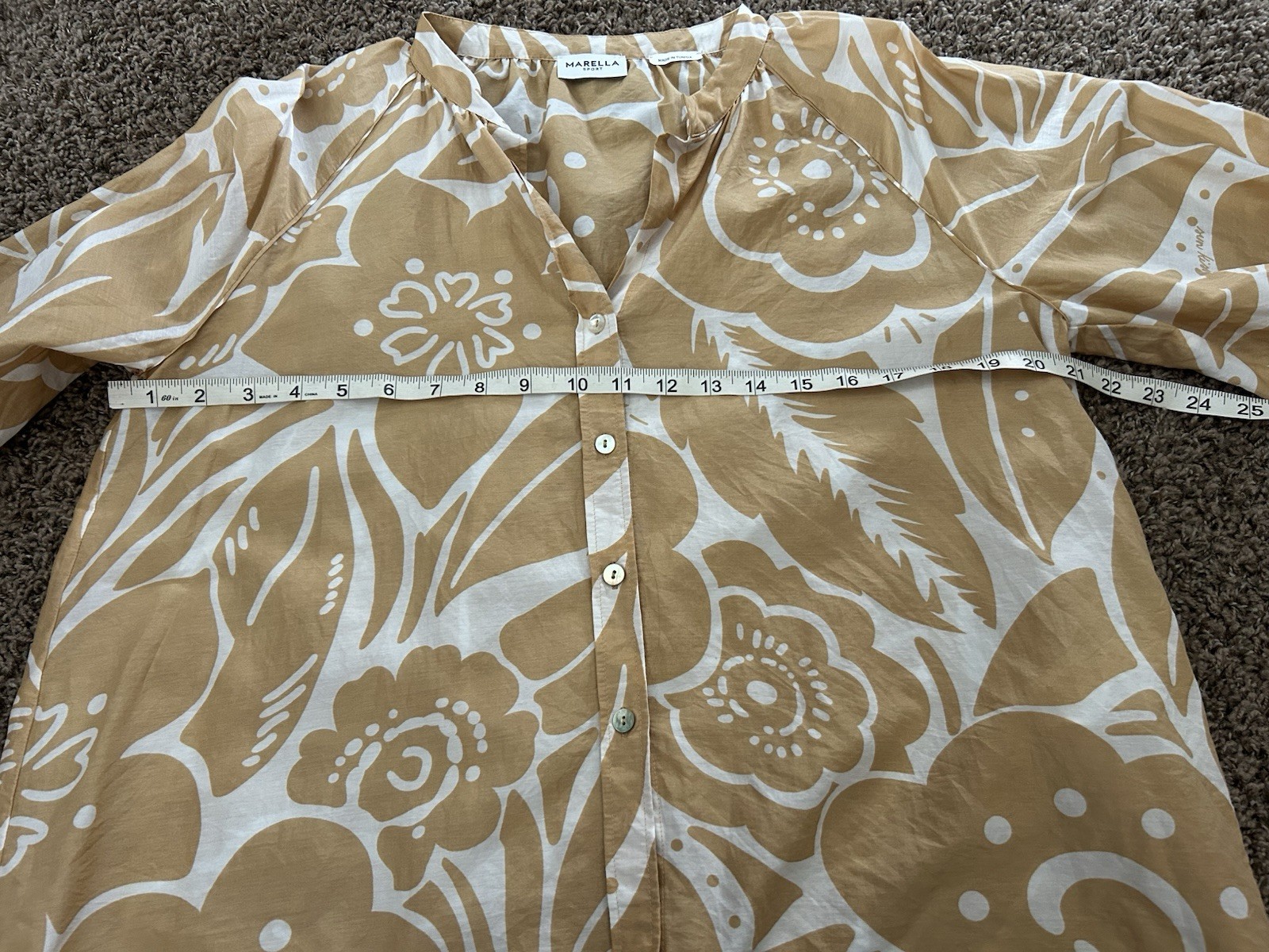 Marella Sport Beige And White Floral Cotton Silk Blend Blouse Top Size 6