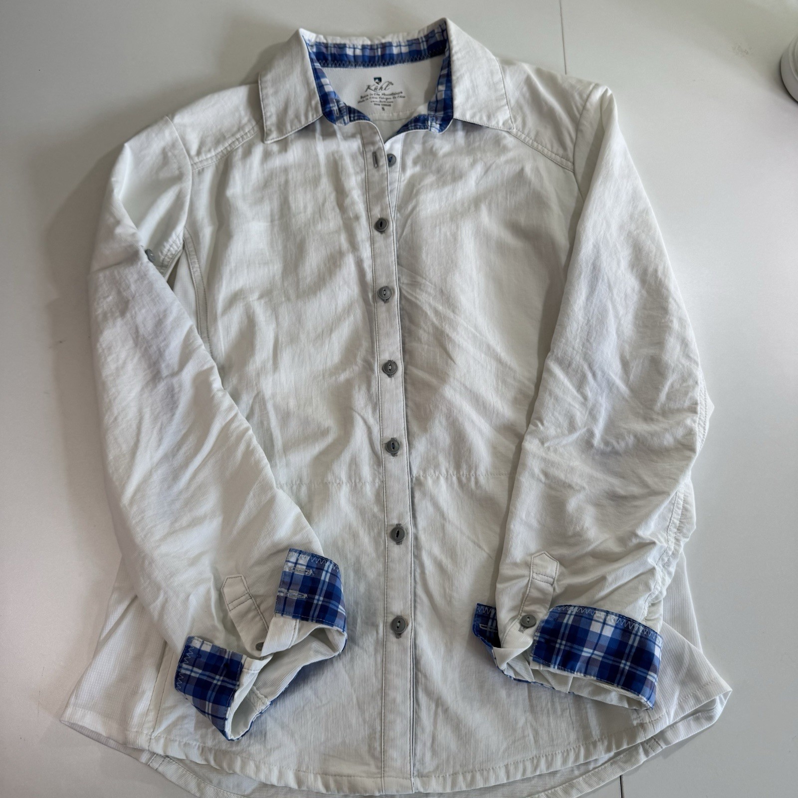 Kuhl Shirt Women’s Small White Long Sleeve Button Up Outdoor Hiking plaid Trim