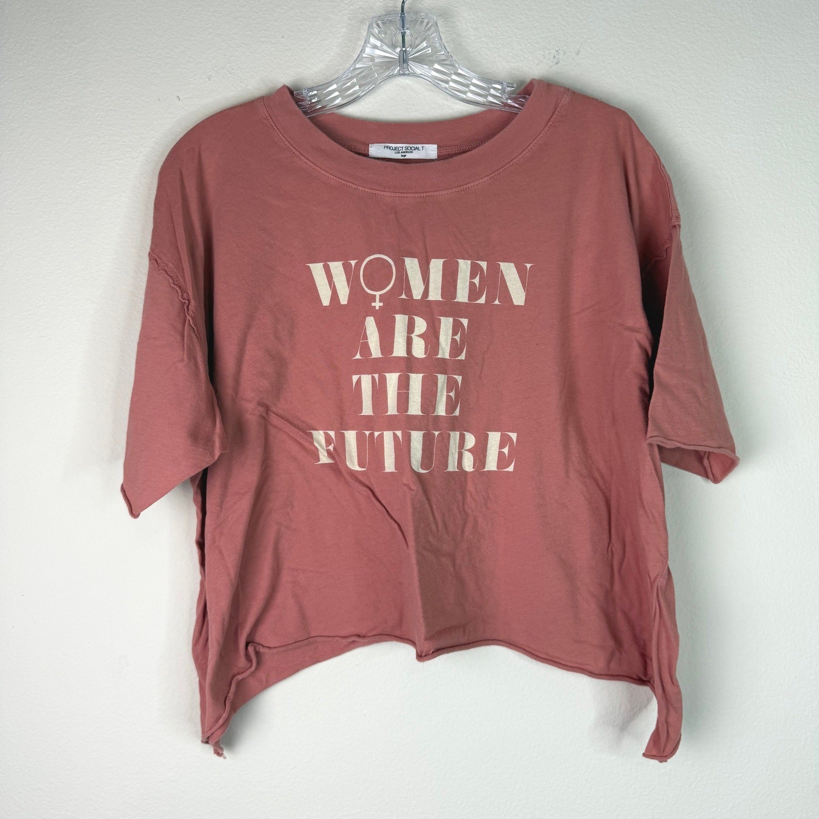 Project Social T Graphic Tee Womens Large Pink Women Are The Future Raw Hem FLAW