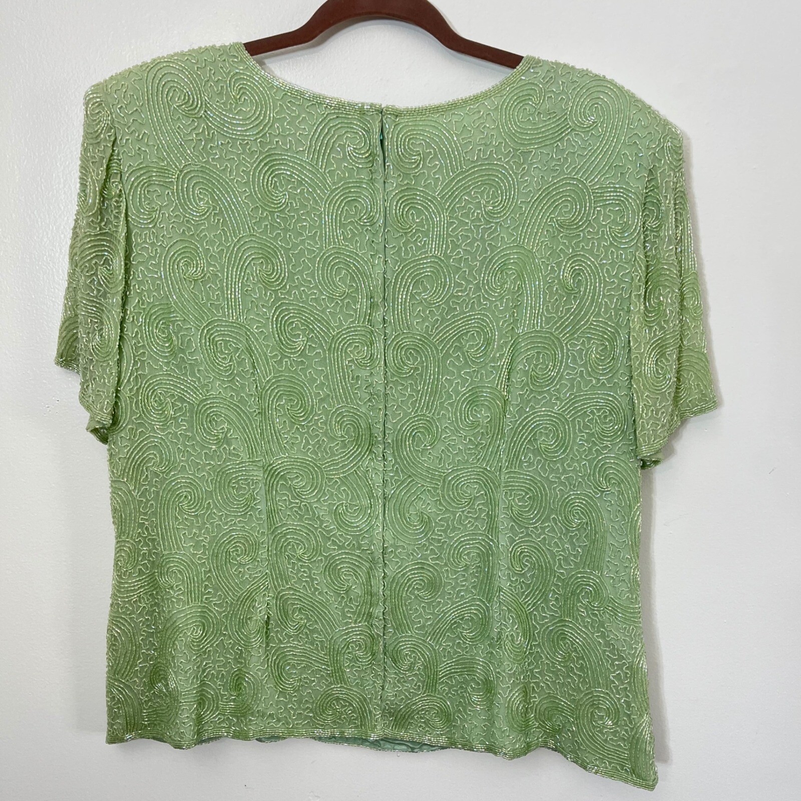 L’Pogee Beaded Silk Top Party Cocktail Blouse Green Embellished 1X