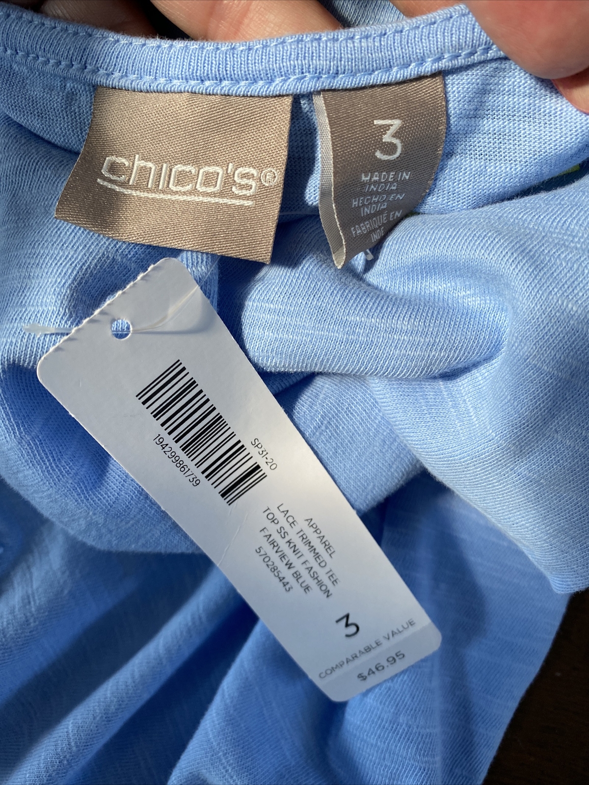 NWT Chico’s Fairway Blue Lace Trim Short Sleeve Tee Chico’s 3 XL $46.95