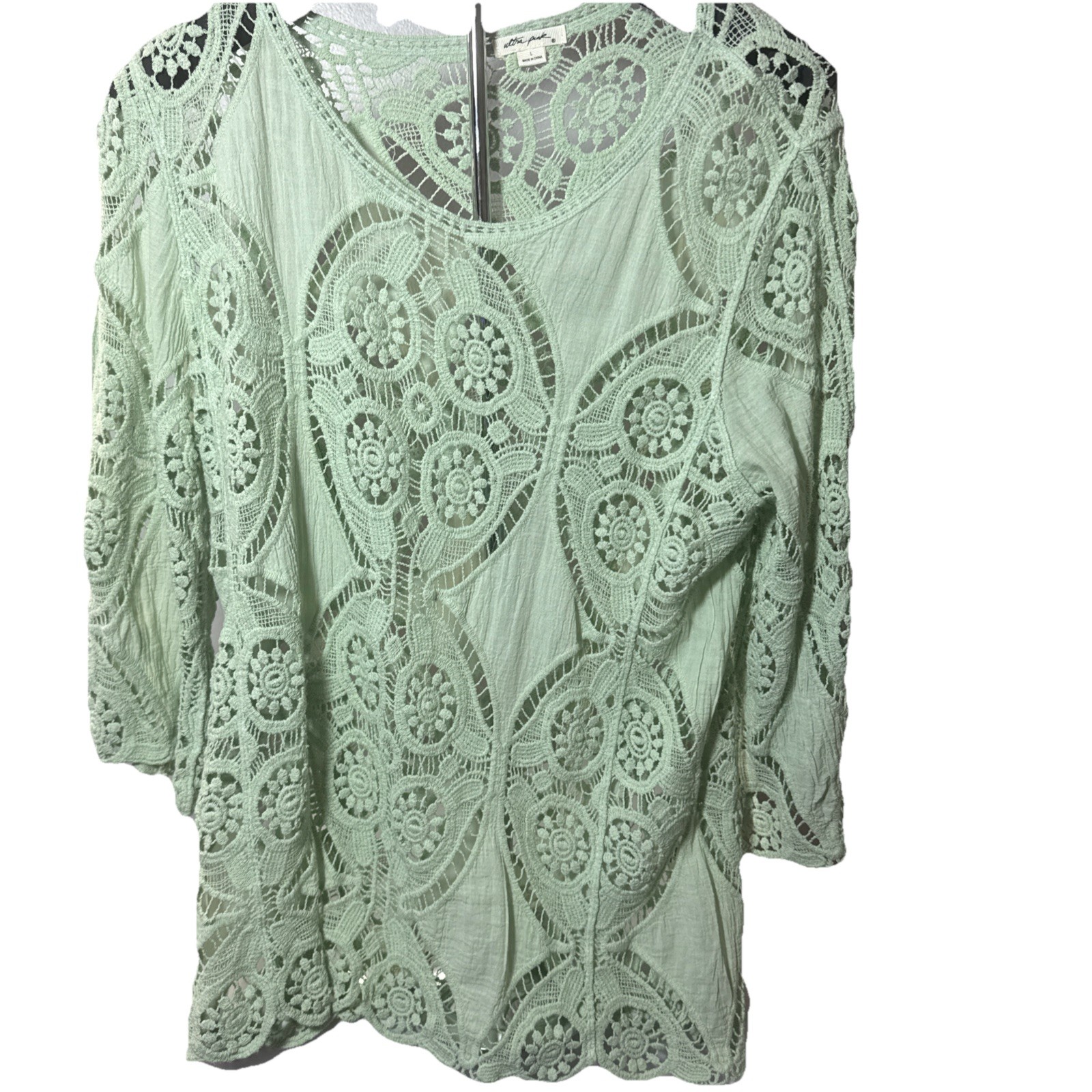 Ultra Pink Crochet sheer 3/4 Sleeve Sheer Lace Tunic Top Mint Green sz Large