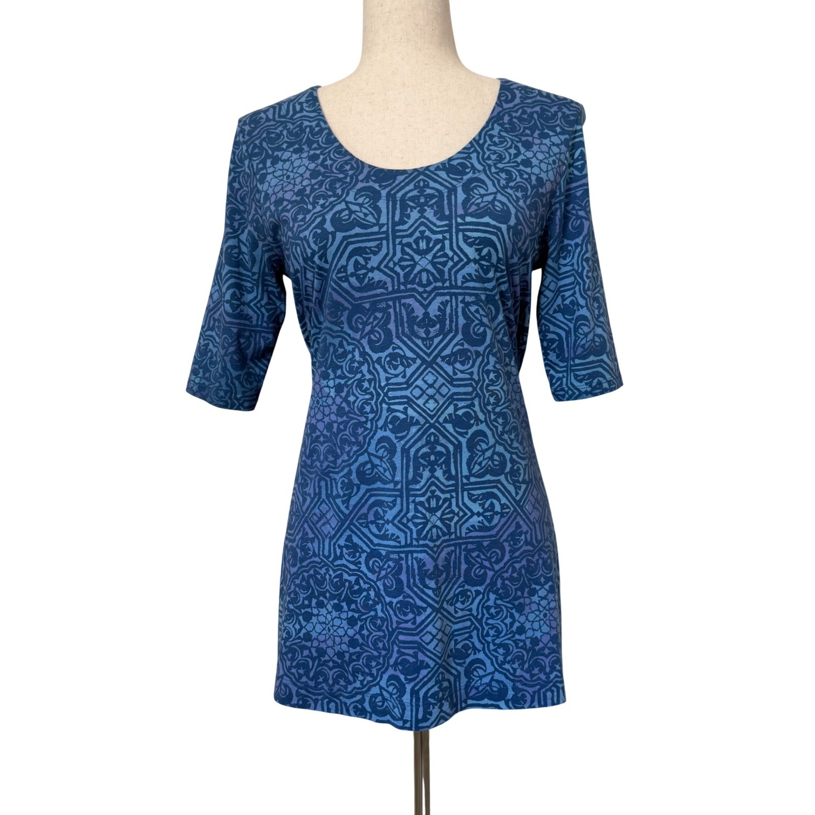 Peruvian Connection Pima Cotton Modal Tunic Top Blue Medallion Print Small