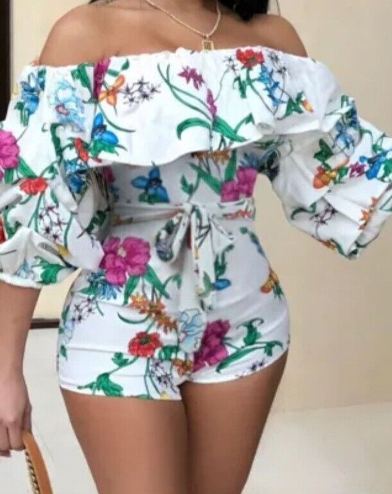 Romper One Piece women Size Large 17w X 24L white flower Print Half Sleeve