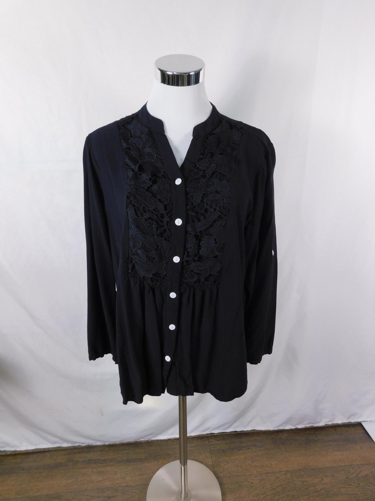Shirt Womens XL Black Lace Crochet Button Front Long Sleeve Mandarin Collar