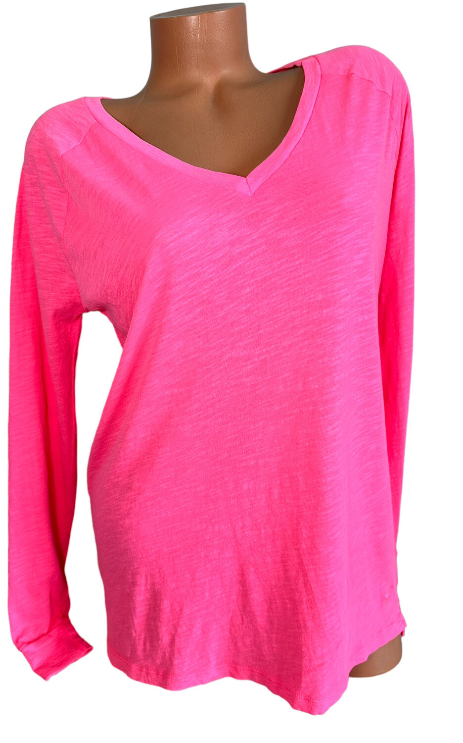 Victorias Secret PINK Long Sleeve V-Neck Lightweight Hot Pink Tee Oversized XS