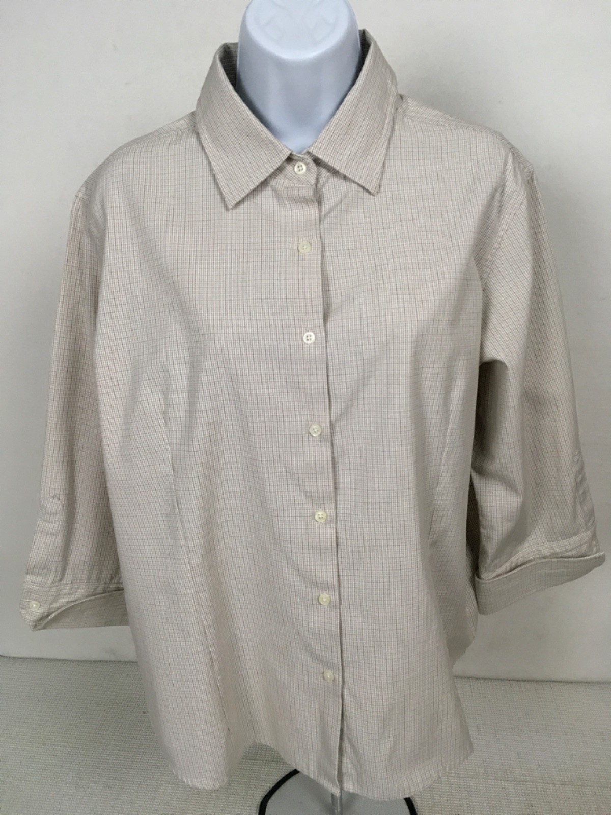 Dunbrooke Top Women Size L Beige Tan Checked Button Down 3/4 Cuffed Sleeves