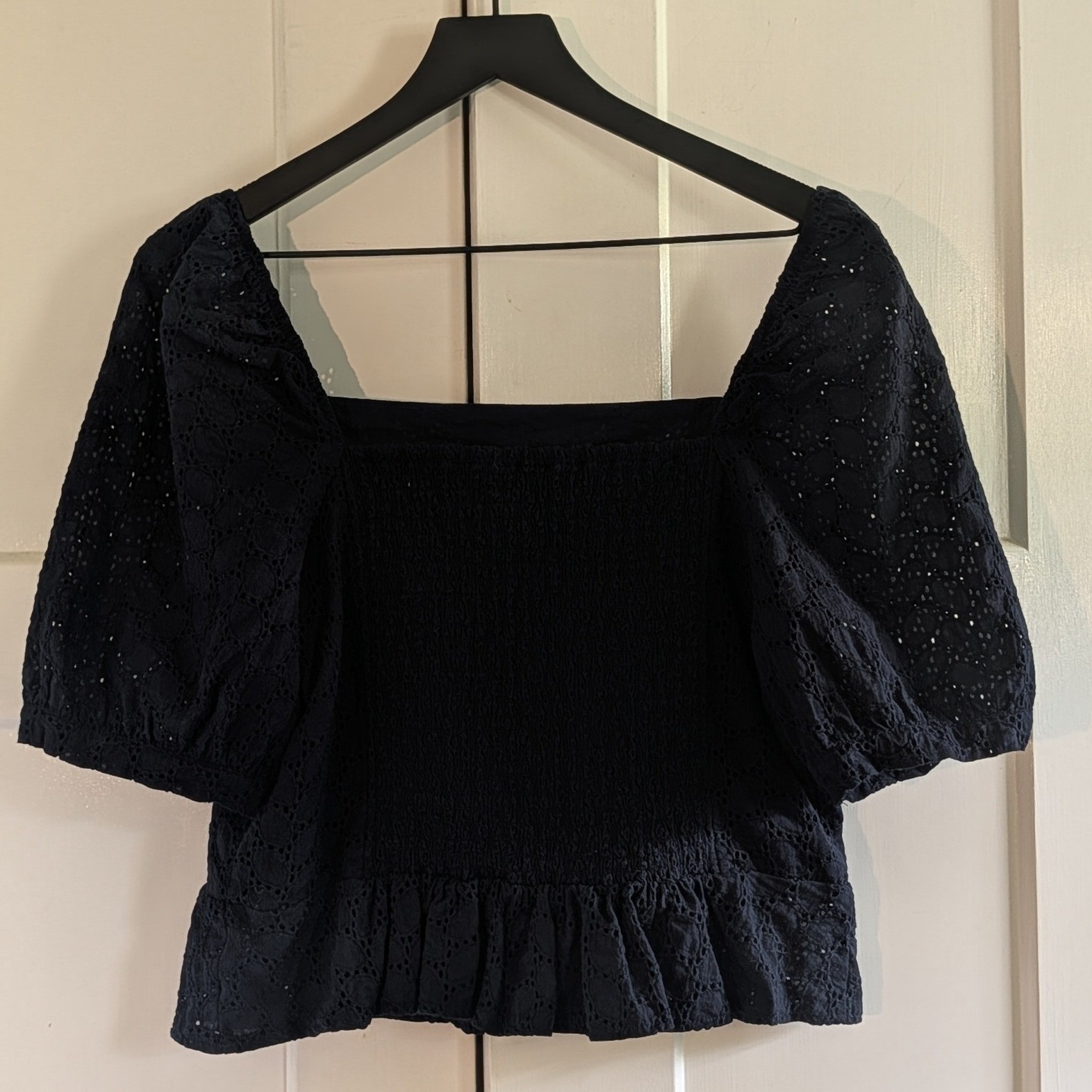 Draper James RSVP Navy Eyelet Square Neck Puff Sleeve Lined Cotton Top XL Prep