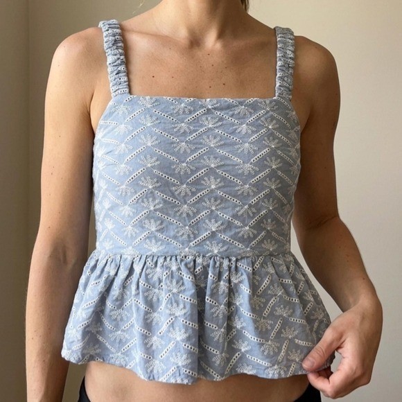 Slate Blue Eyelet Embroidery Peplum Cami Tie Back Ruffle Cottagecore Top – M
