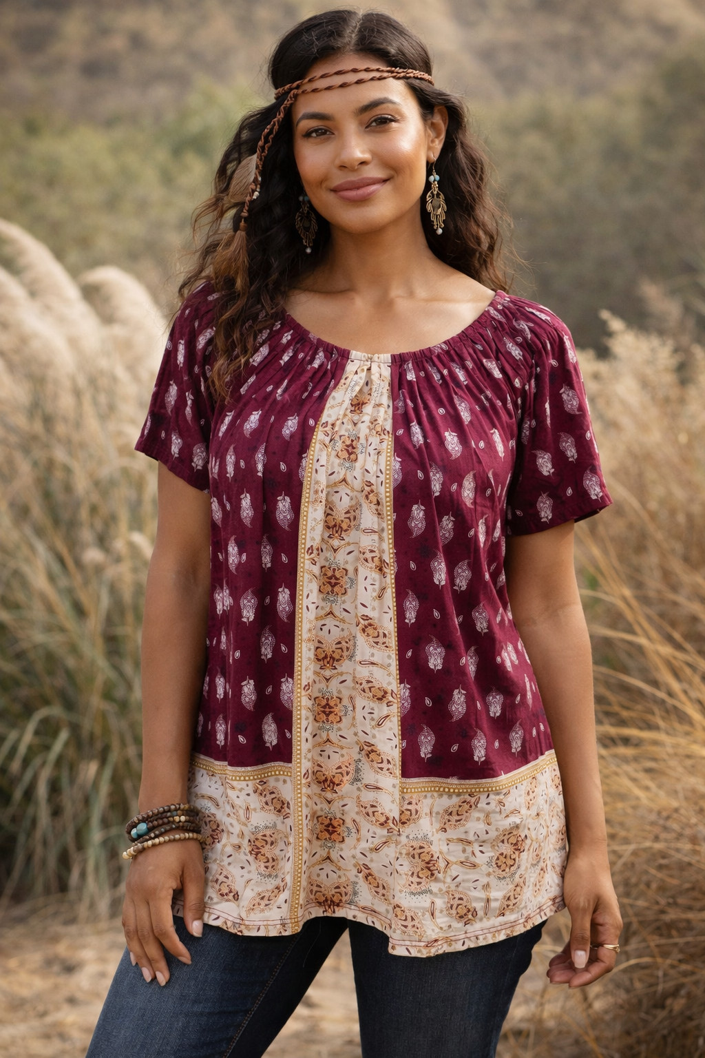 Women’s Festival Boho Peasant Blouse Burgundy Paisley Relaxed Fit Tunic Sz Sm
