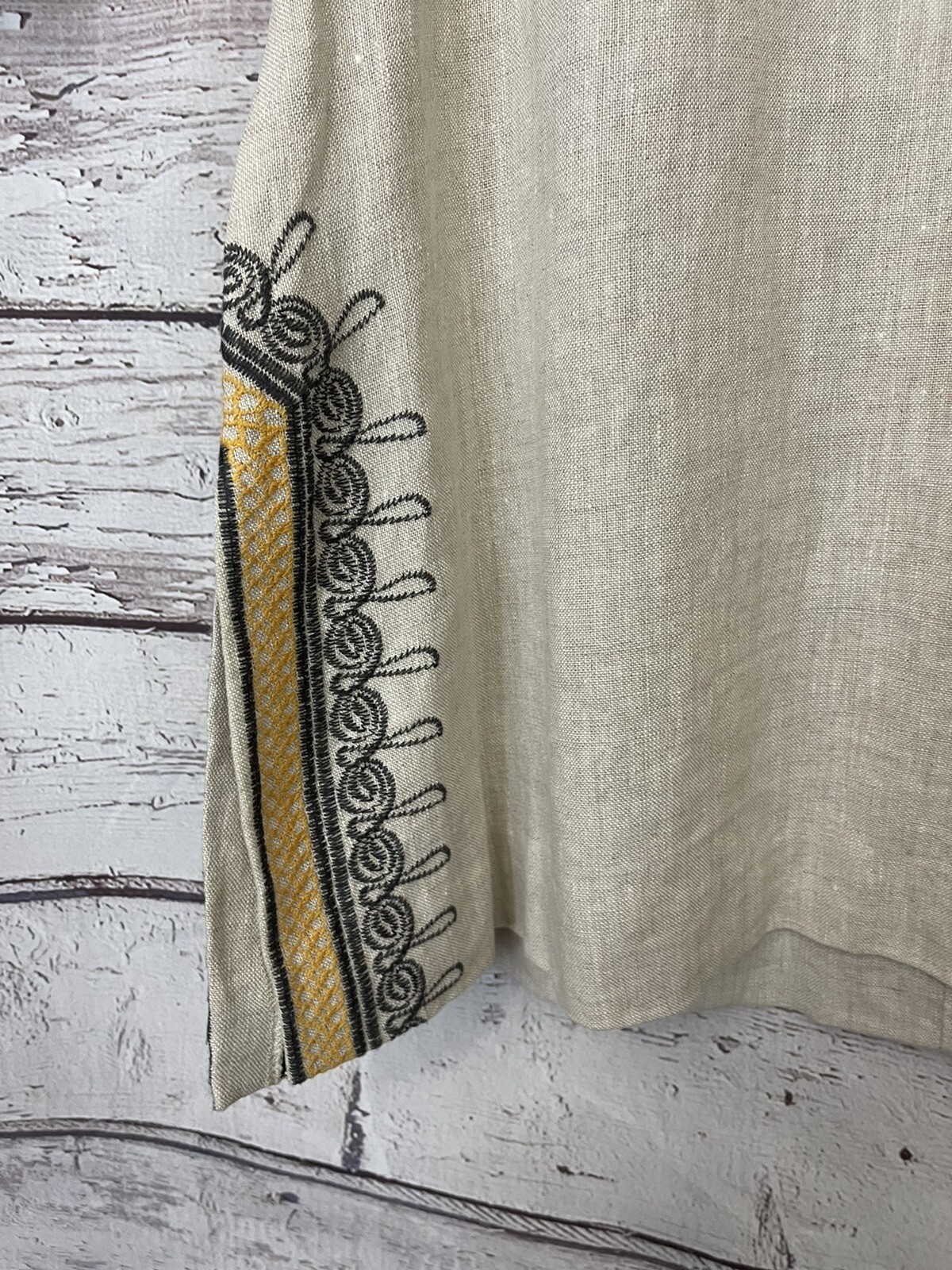 IVY JANE Small Embroidered LINEN Tunic Top Floral Boho Oatmeal Gray Yellow S