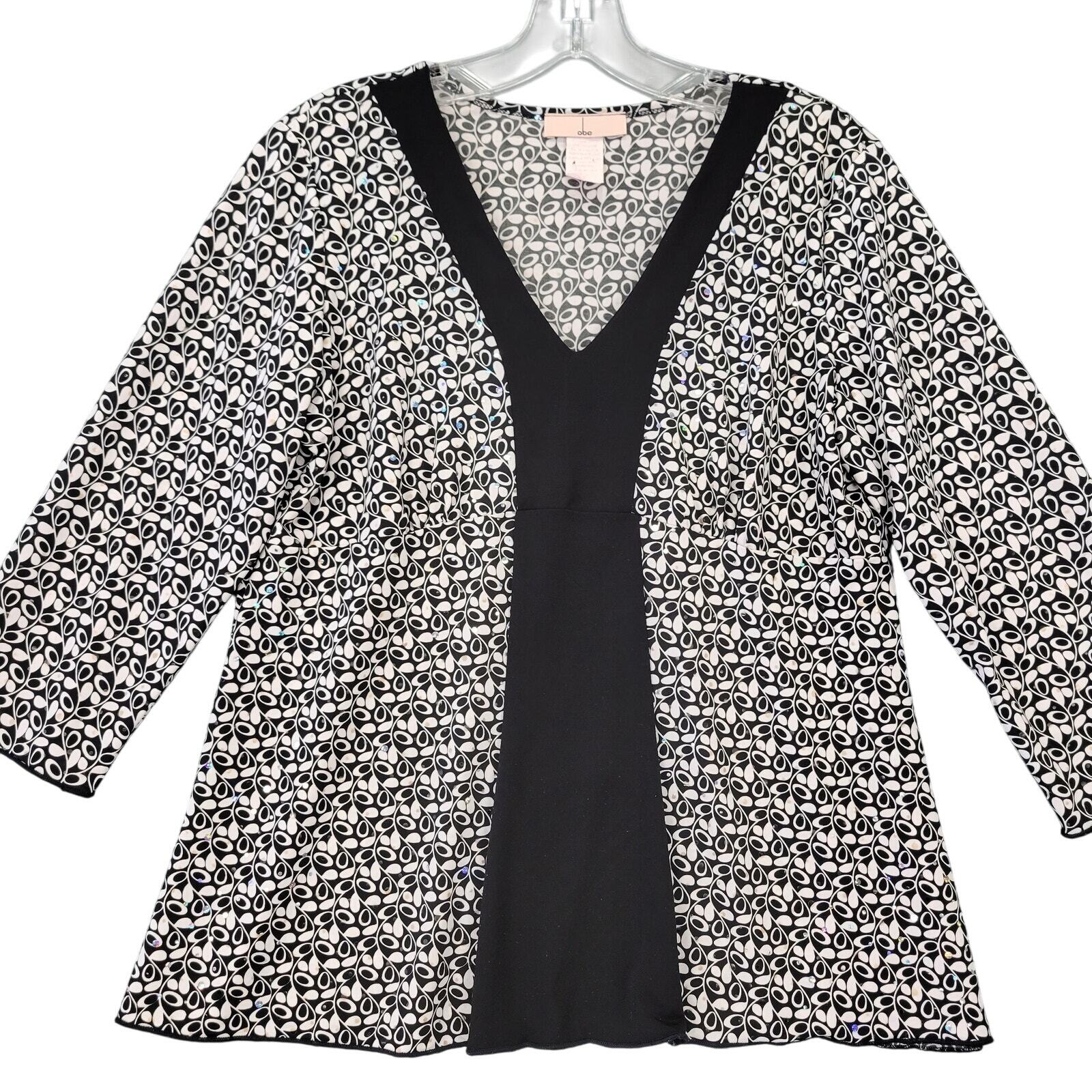 Obe Black Preppy Sequin Shirt V-Neck 3/4 Sleeves Classic USA Made Womens Size L