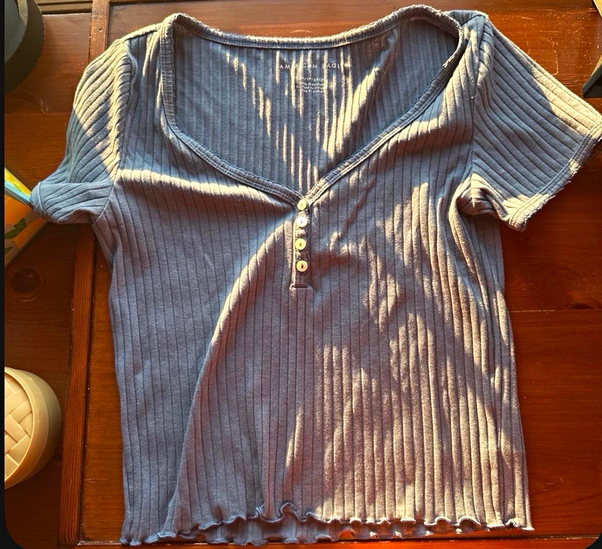 American Eagle Blue Ribbed Knit Henley V-Neck Button Top Short Sleeve S
