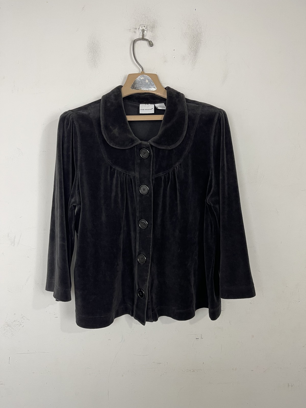 Kim Rogers Women Shirt Large Dark Gray Velour Button Front Collared Twee Cottage