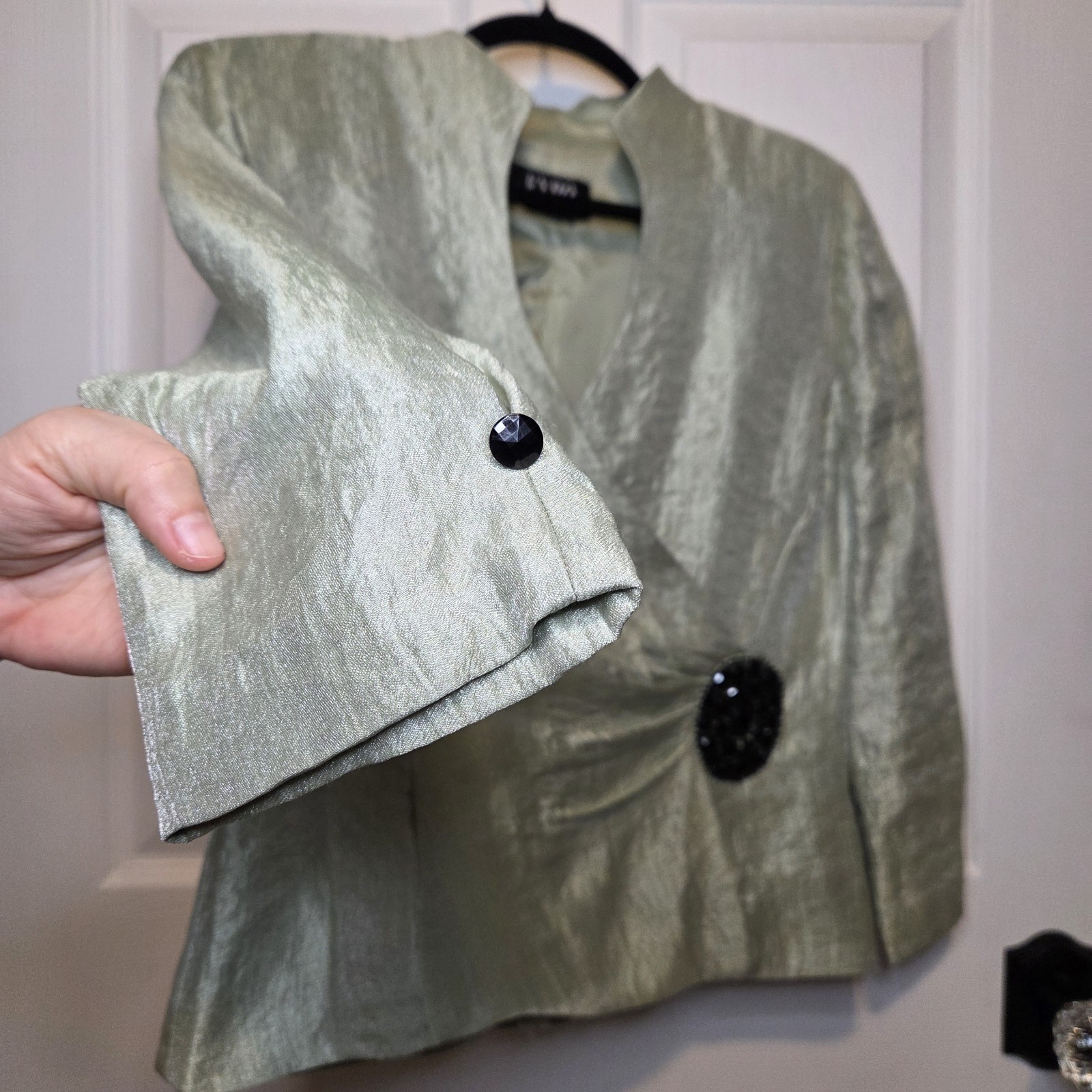 VTG Expo New York Blouse L Green Metallic Shimmer Beaded City Glam 80s 90s Art