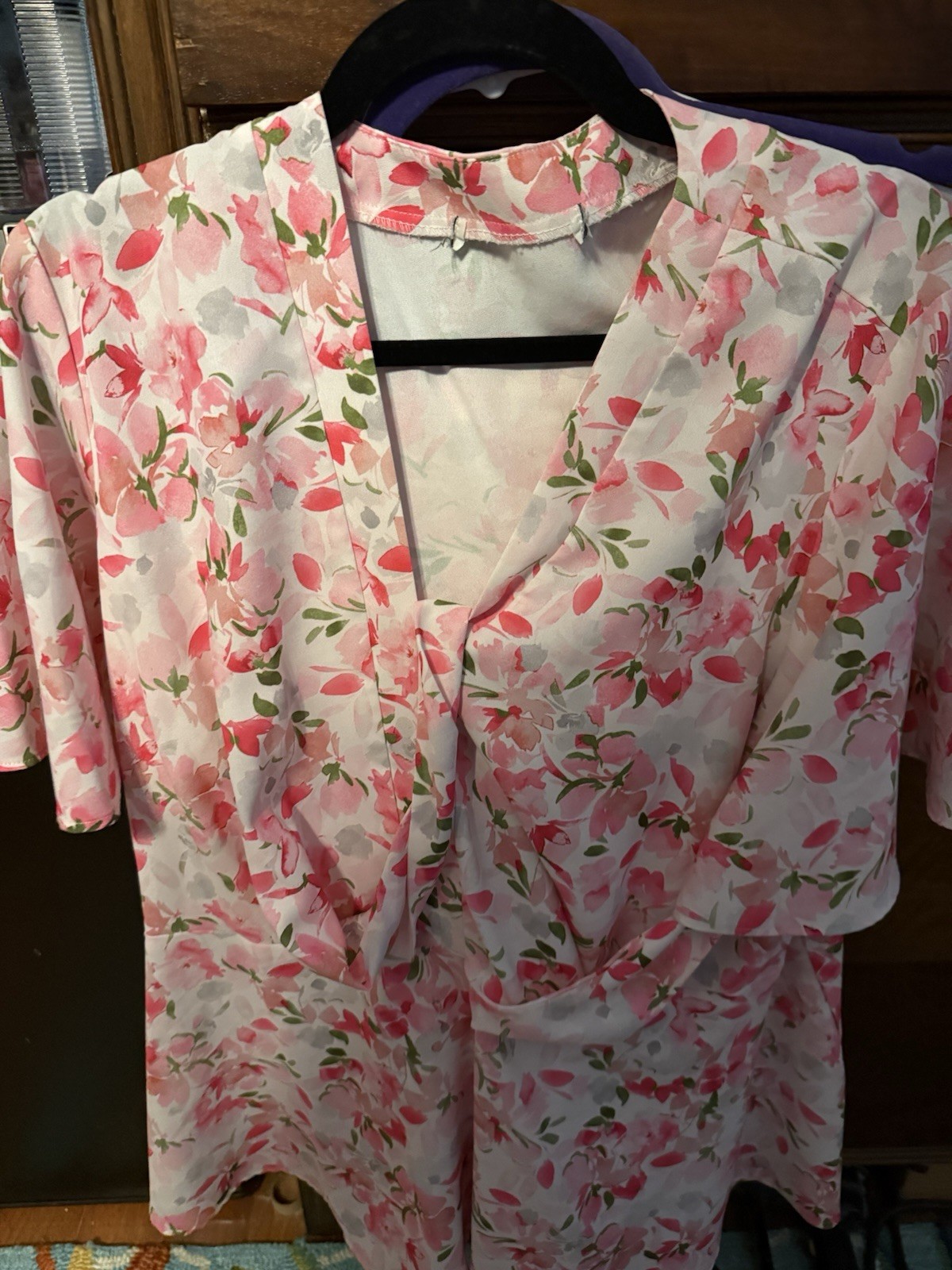 Women’s Pink Green White Floral Chiffon V-Neck Ruffle Pullover Blouse 2XL