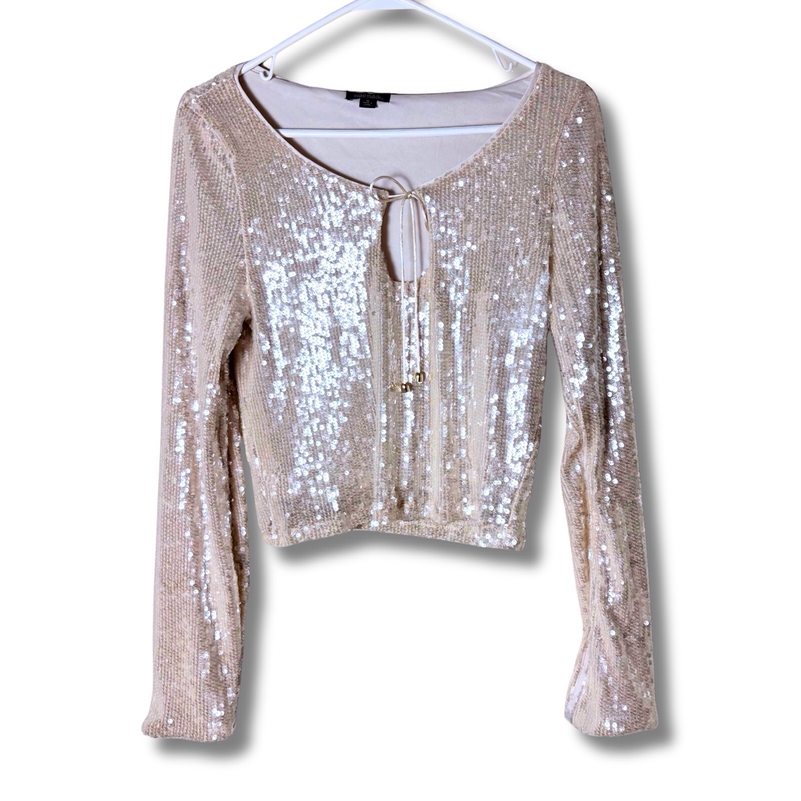 Wild Fable Women’s Beige Sequin Mesh Cropped Tie-Front Scoop Neck Top M