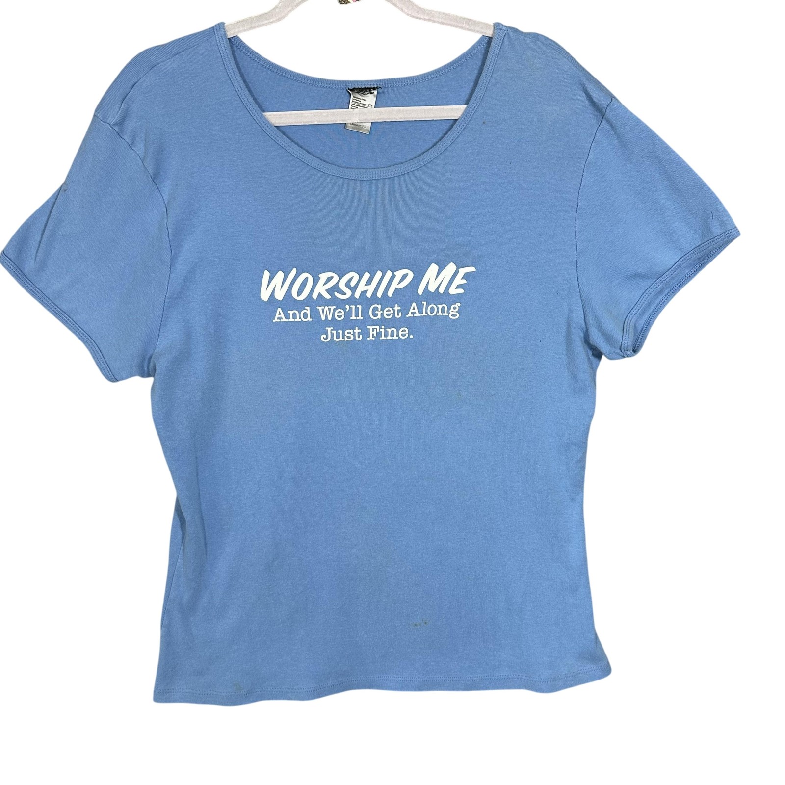 Y2K Shirt Womens 2XL Blue Graphic Slogan Worship Me Shirt Scoop Neck Tee 00s