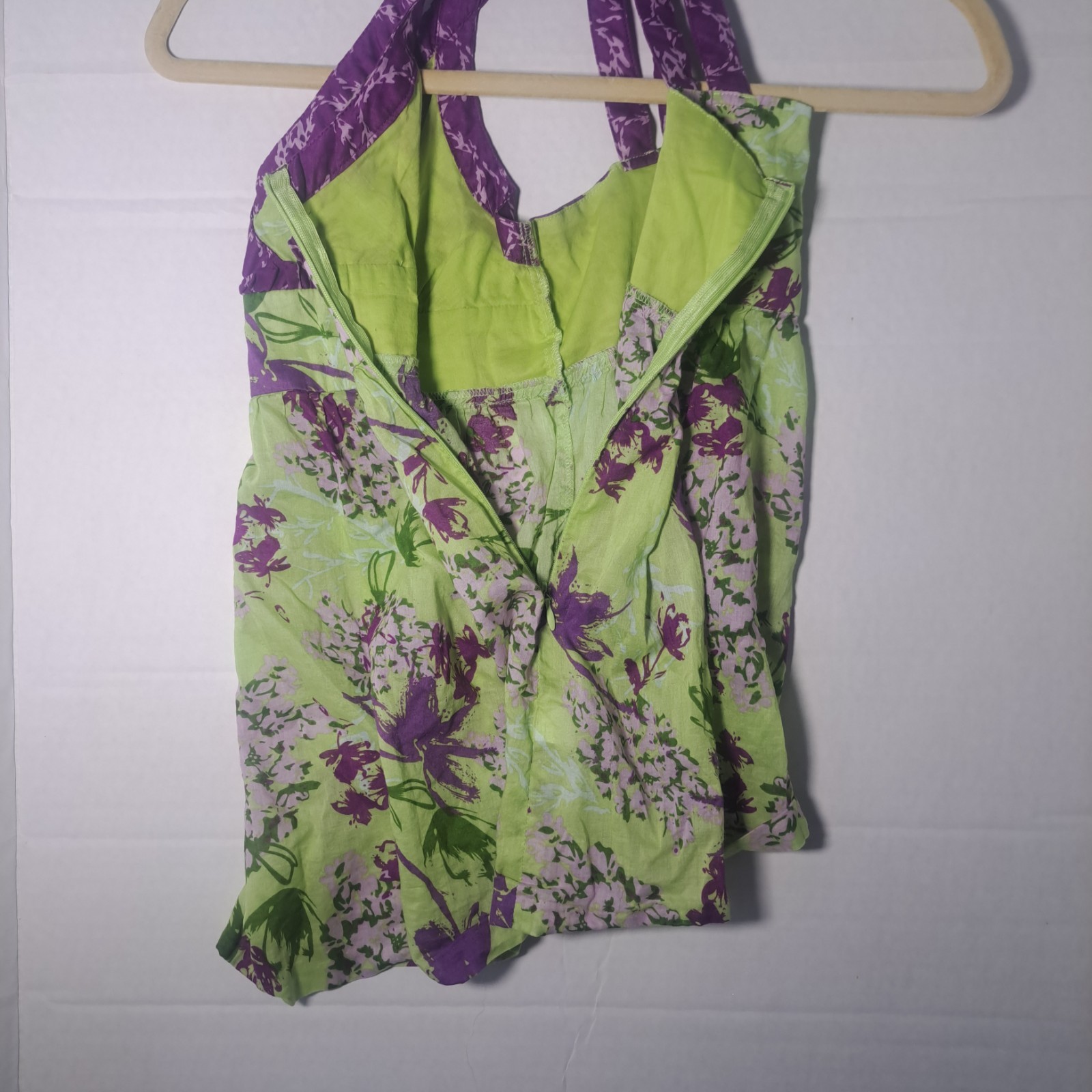 Kensie Y2K Green & Purple Floral Babydoll Top Criss Cross Straps Side Zip Sz XS