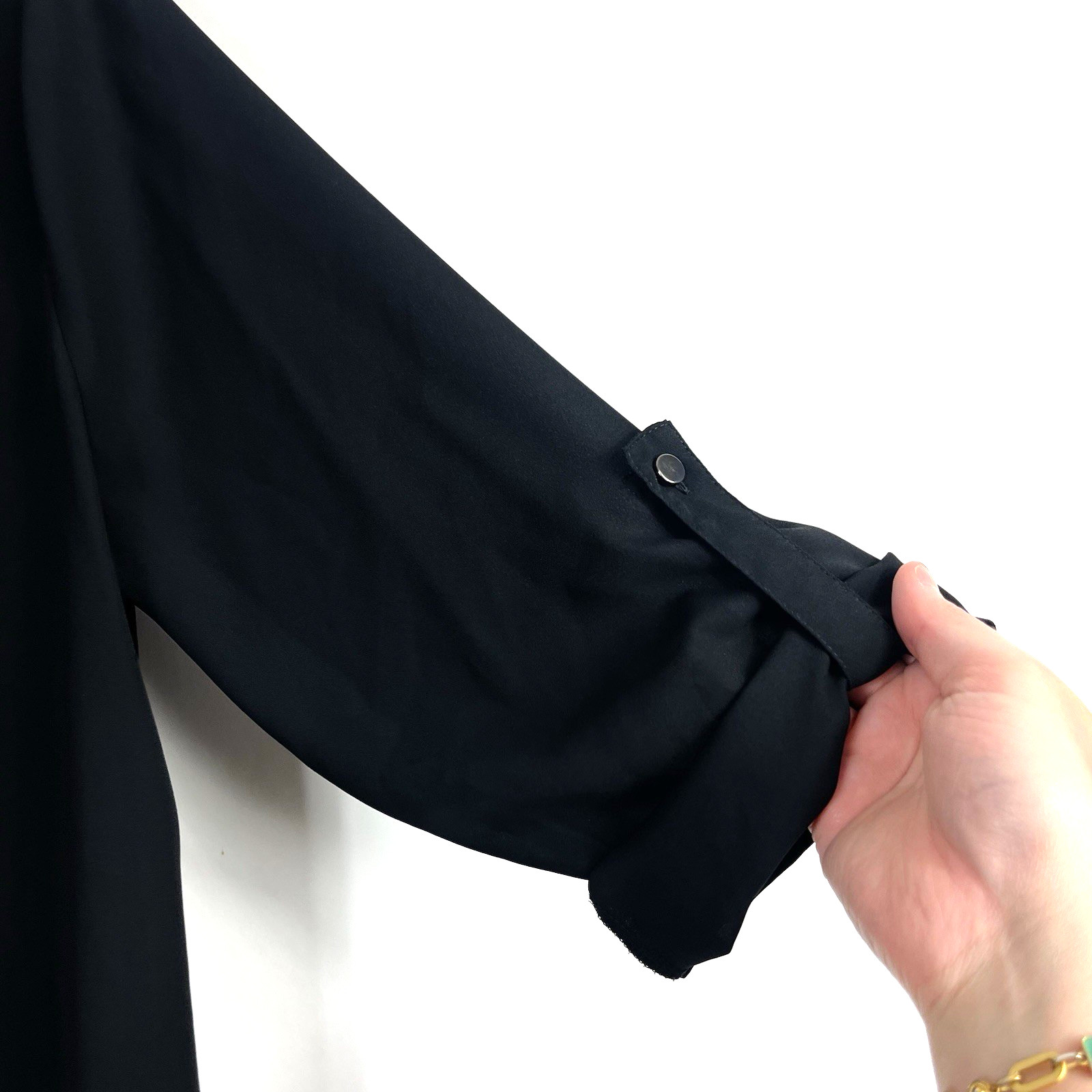 Cato’s Women’s Solid Black Sheer 3/4 Roll Tab Sleeve Blouse Round Split Neck L