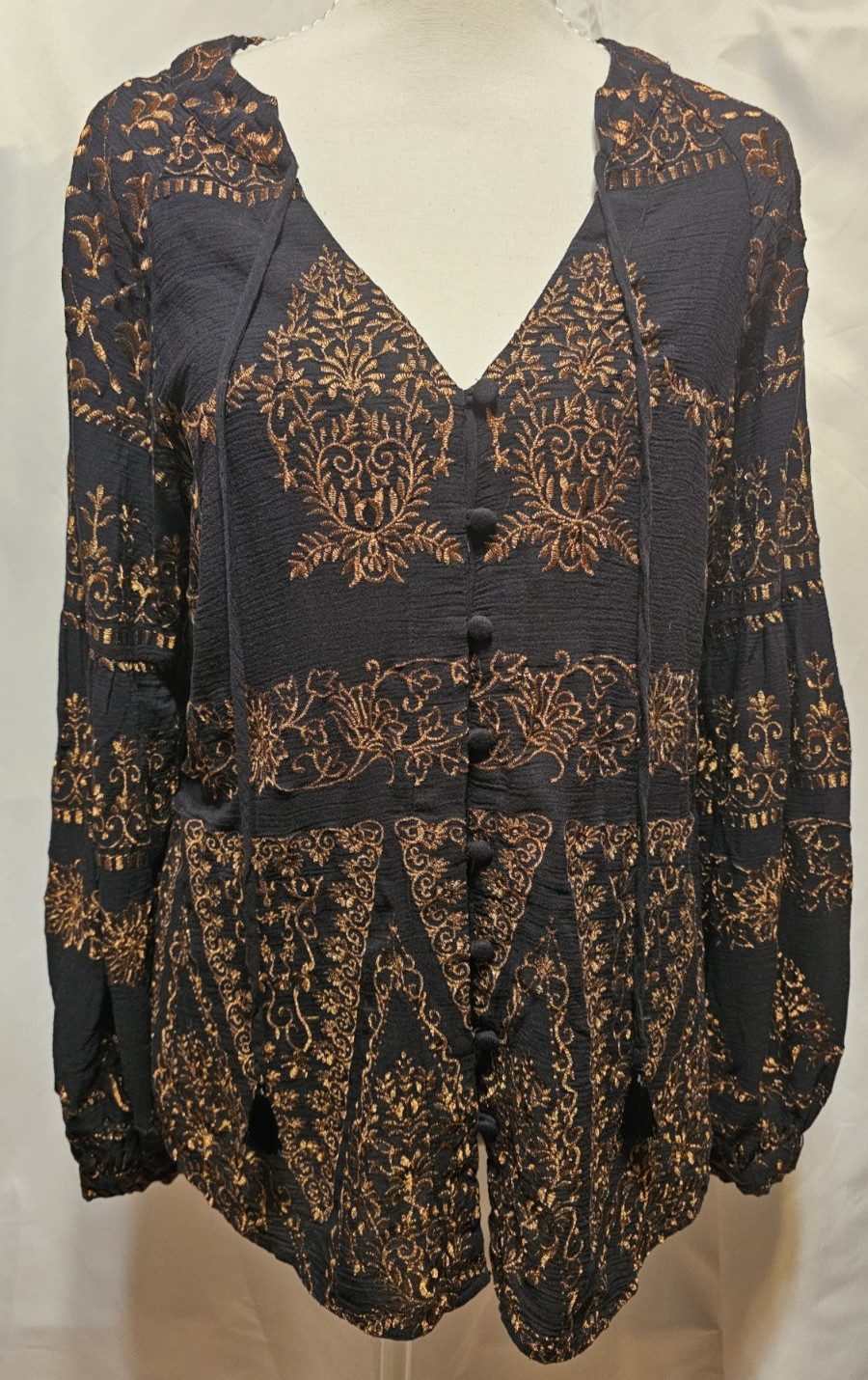 Hale Bob Bohemian Syle Tunic Blouse Peasant Long Sleeve Tassel Size M